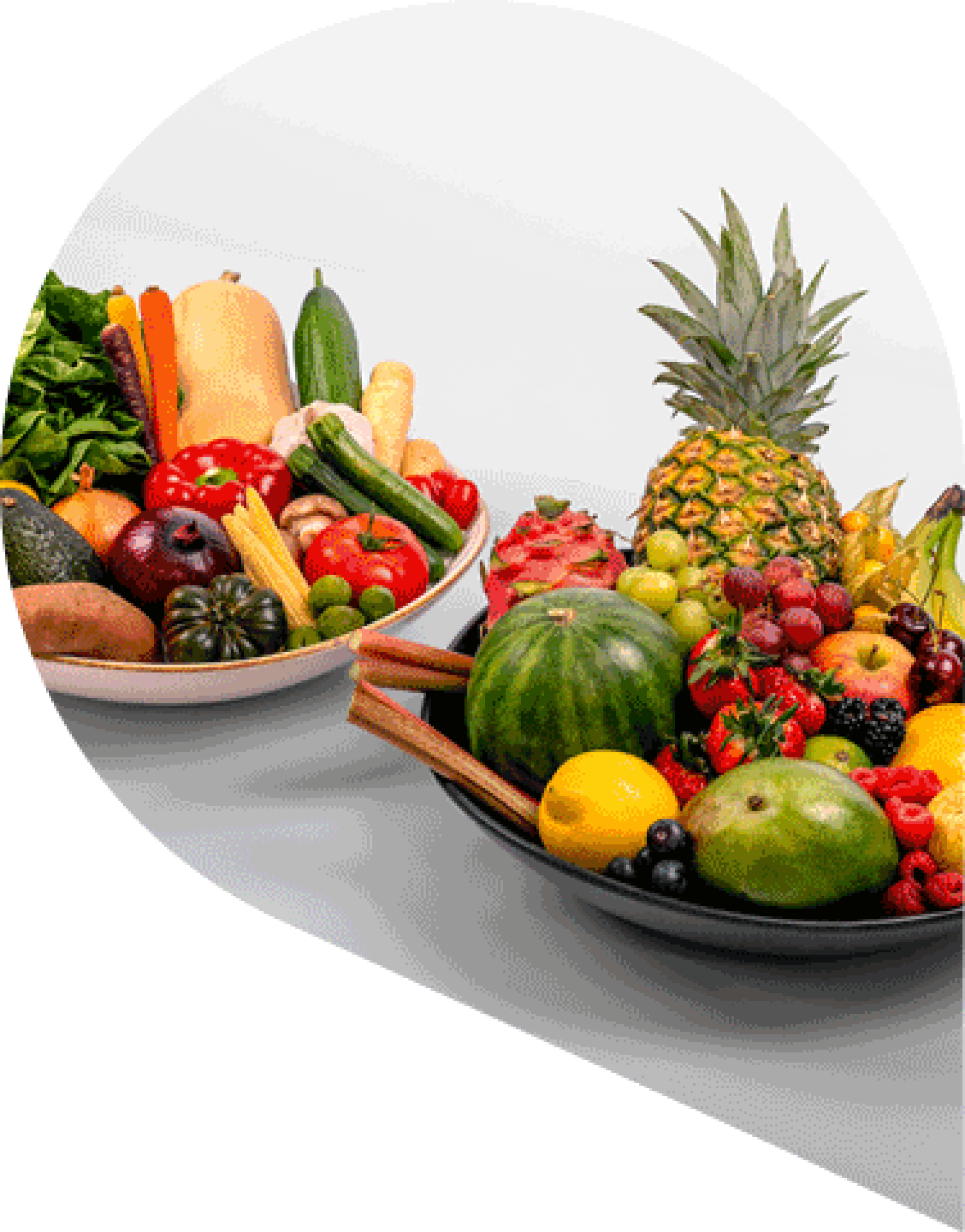 bowls of low protein fruit and vegetables