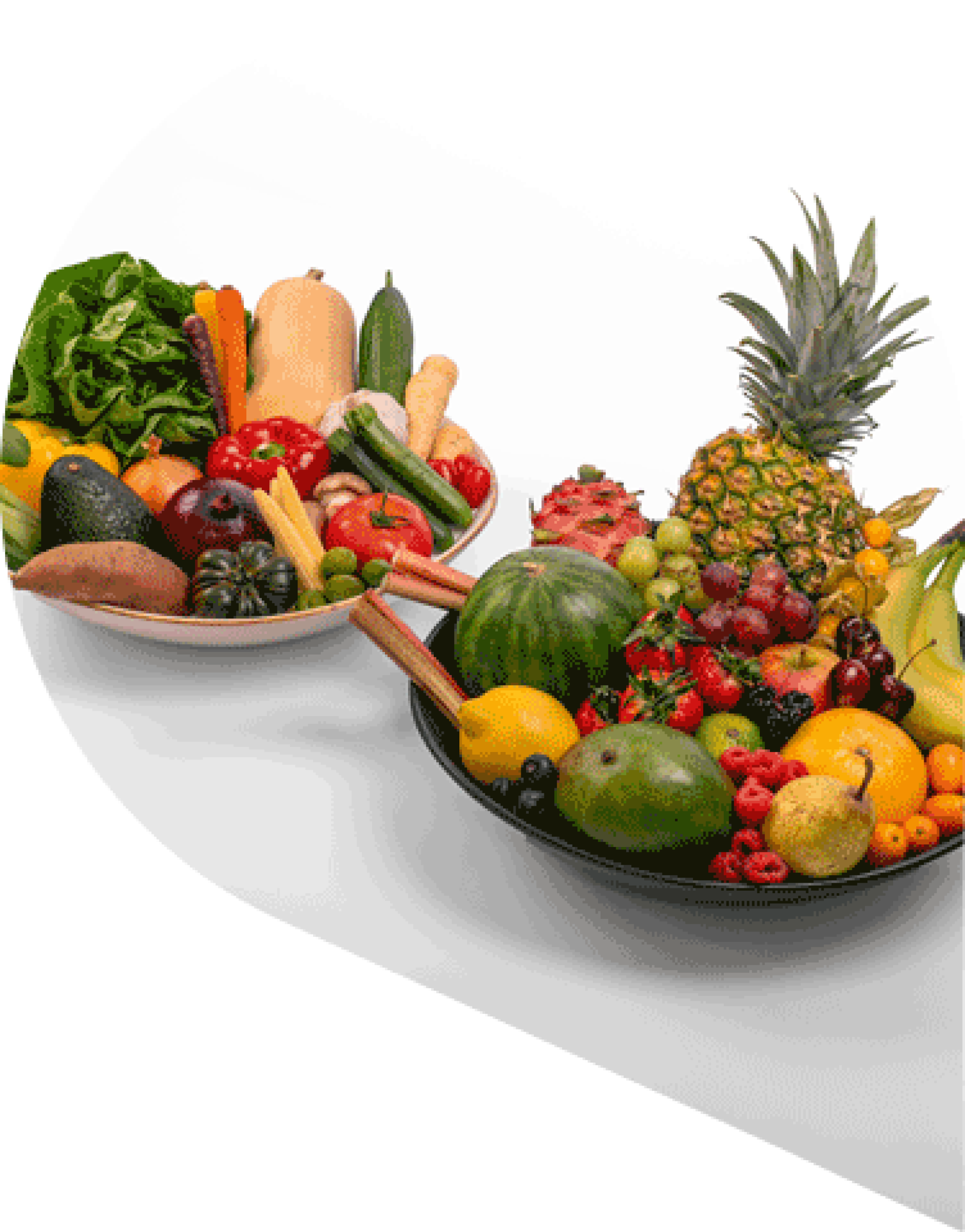 bowls of low protein fruit and vegetables