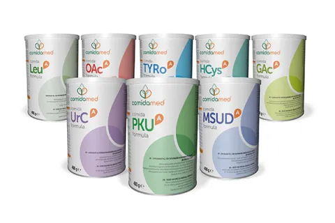 Picture of 7 different cans of comidamed products arranged in two rows