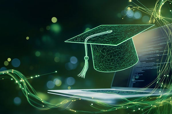 graduation cap made from green lines in front of a computer screen with code