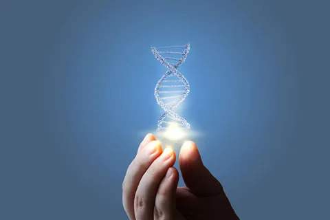 DNA helix being held on a blue background