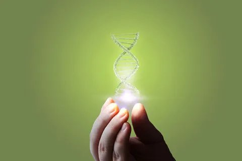 DNA helix being held on a green background
