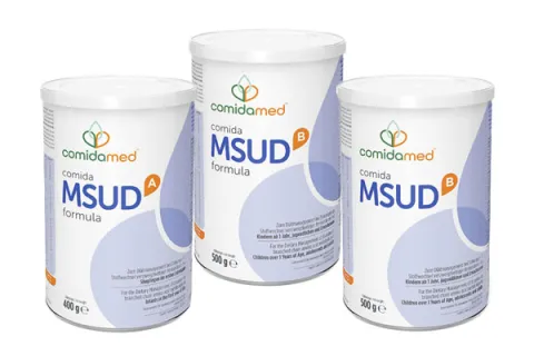 Cans of the comida-MSUD range: A formula, B formula and B