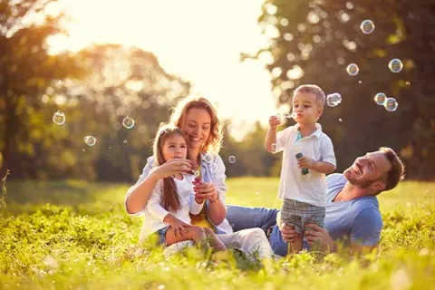 Happy family in a meadow blowing bubbles