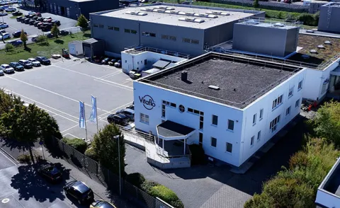 Rosbach factory taken from the air showing the office and factory buildings